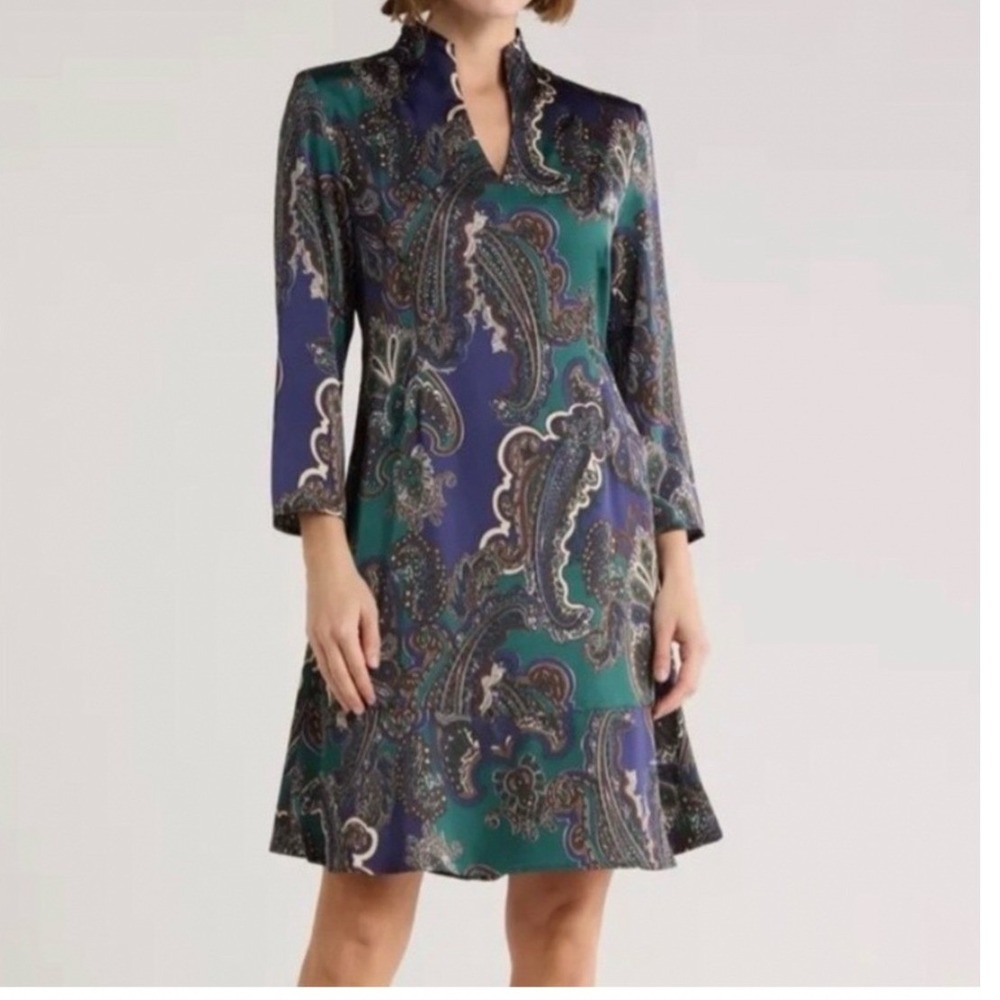 Ming Wang Paisley Print Dress Women M Blue Green Split Neck 3/4 Sleeve Office